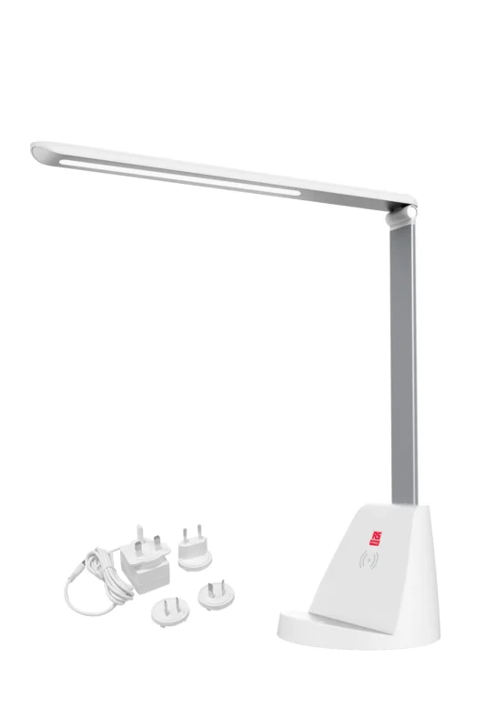 Beställ nu RS PRO Skrivbordslampa med trådlös laddning, LED, 5 W, Räckvidd 410 mm, Underrede för skrivbord sockel, Styv arm med