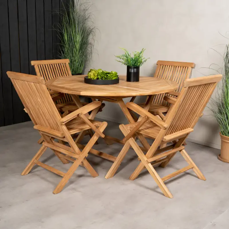 Matgrupp Venture Home Kenya Ø120 cm Teak med 4 Kenya Fällbara Stolar med Armstöd Beställ idag